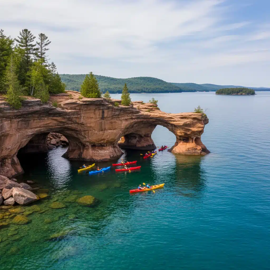 Kayakers exploring sea caves at Apostle Islands National Lakeshore, Wisconsin, with clear blue water.