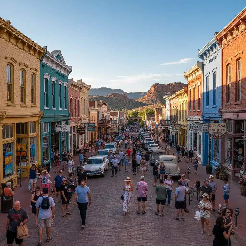 Historic colorful Victorian buildings and art galleries in the charming desert town of Bisbee, Arizona.