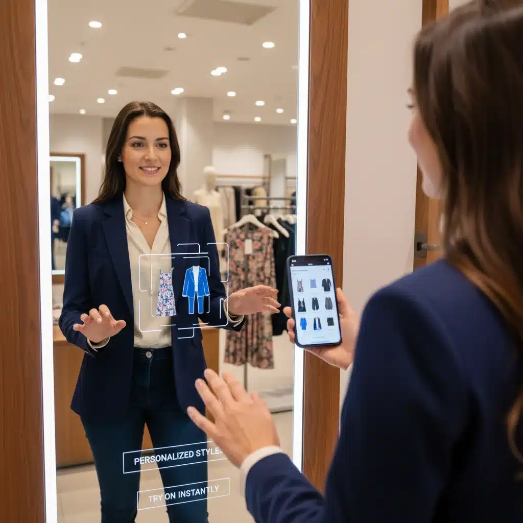 Customer interacting with smart mirror for virtual try-on in retail