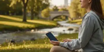 Person meditating peacefully outdoors, holding a turned-off smartphone, symbolizing a digital detox.