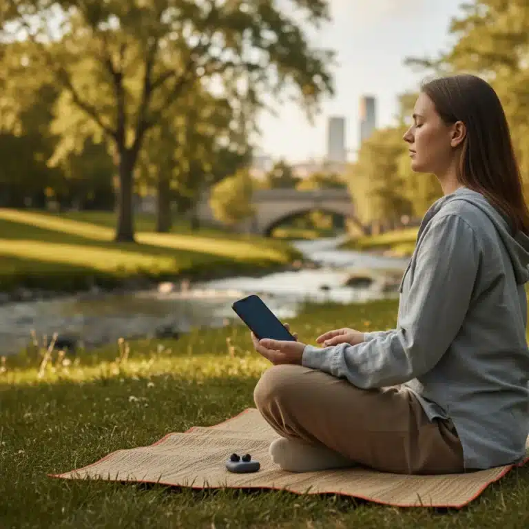 Person meditating peacefully outdoors, holding a turned-off smartphone, symbolizing a digital detox.