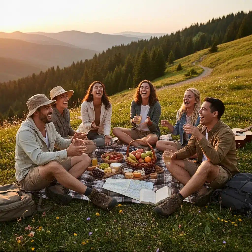 Friends laughing and enjoying an outdoor picnic, free from digital distractions, fostering real-world connections.