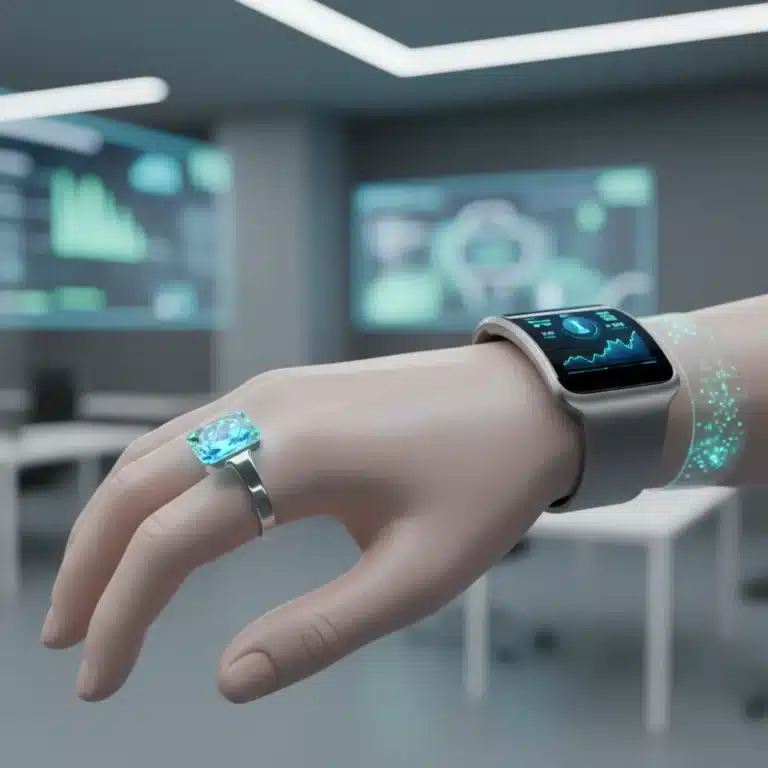 Futuristic wellness wearables on a hand, representing advanced health technology.
