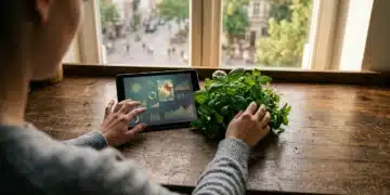 A person navigating modern daily trends, balancing digital information on a tablet with natural elements like fresh green herbs on a rustic wooden counter, illuminated by warm afternoon sunlight.