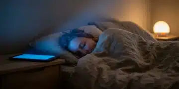 A person sleeping in a bed, illuminated by a sliver of blue light from a digital device, contrasting with warm ambient light, symbolizing circadian rhythm disruption.
