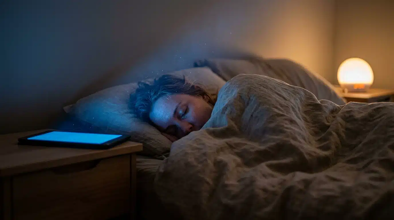 A person sleeping in a bed, illuminated by a sliver of blue light from a digital device, contrasting with warm ambient light, symbolizing circadian rhythm disruption.
