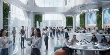 Modern experiential retail store with interactive displays and engaged customers
