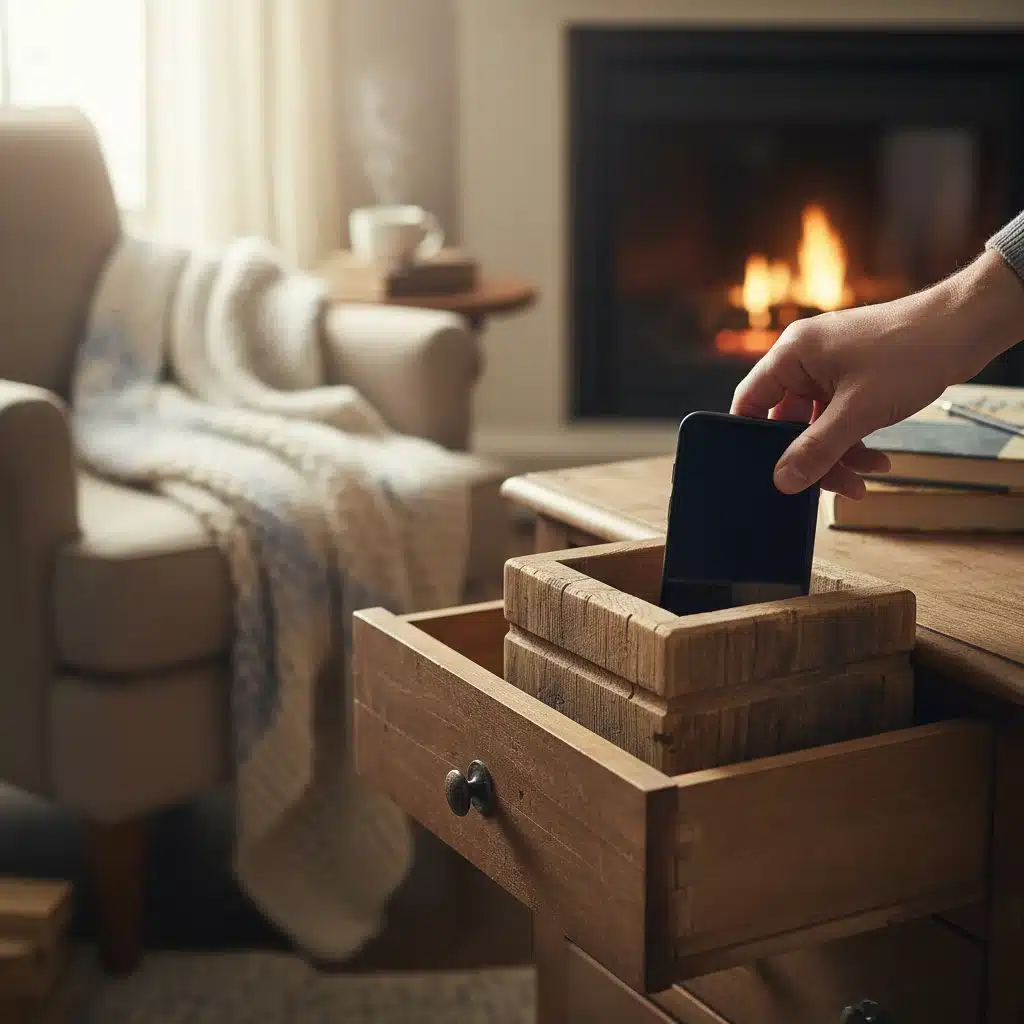 Hand placing smartphone into a wooden box, symbolizing intentional device storage during a digital detox.