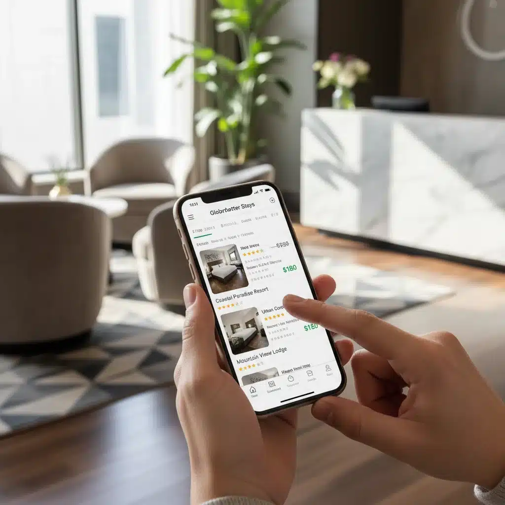 Smartphone displaying a travel booking app with hotel options and price comparisons