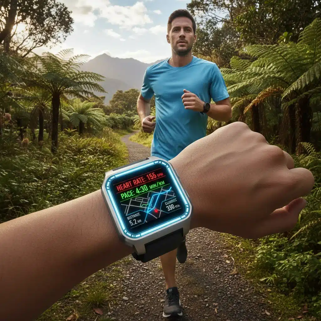 Athlete using a smartwatch for real-time health tracking during a run.