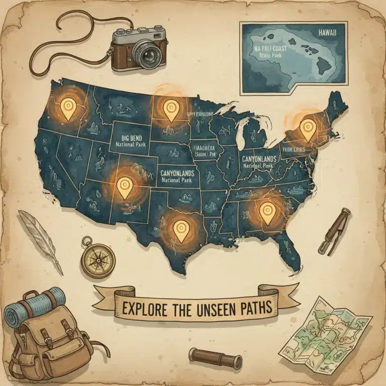 Illustrated map highlighting unique, under-the-radar US travel destinations for 2026 adventures.